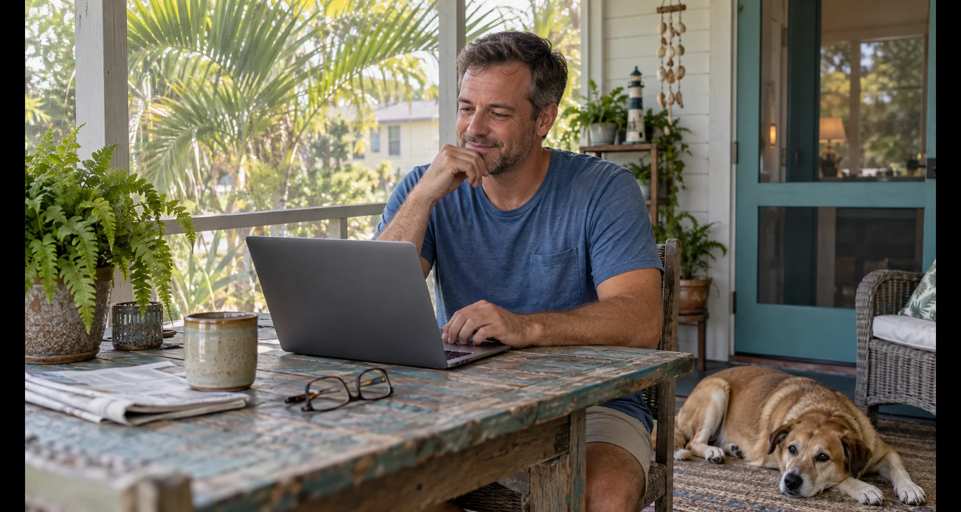 Florida man considering a return to dating on his screened porch with his dog nearby