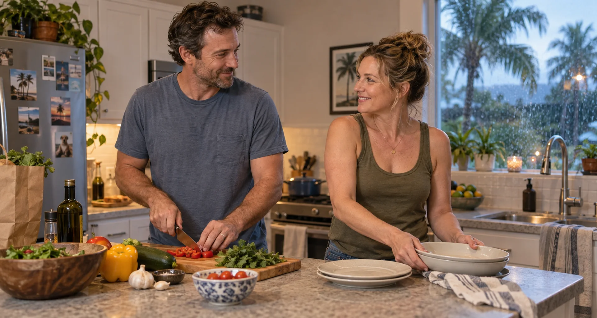 Florida couple preparing dinner together during an ordinary evening at home