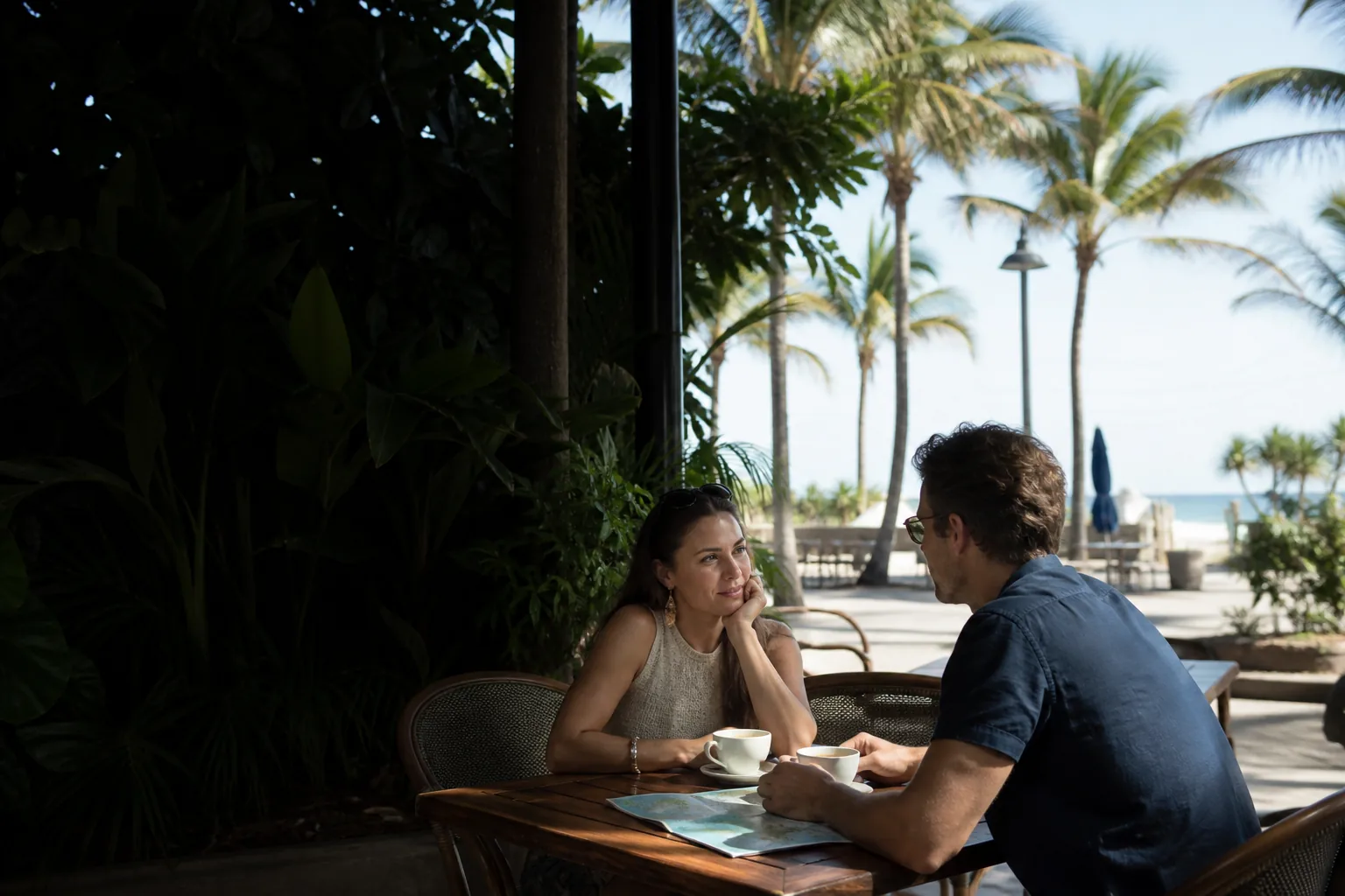 Two adults talking at a shaded Florida café