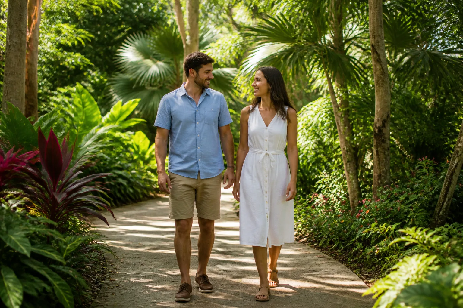 Adult couple walking through a Florida garden