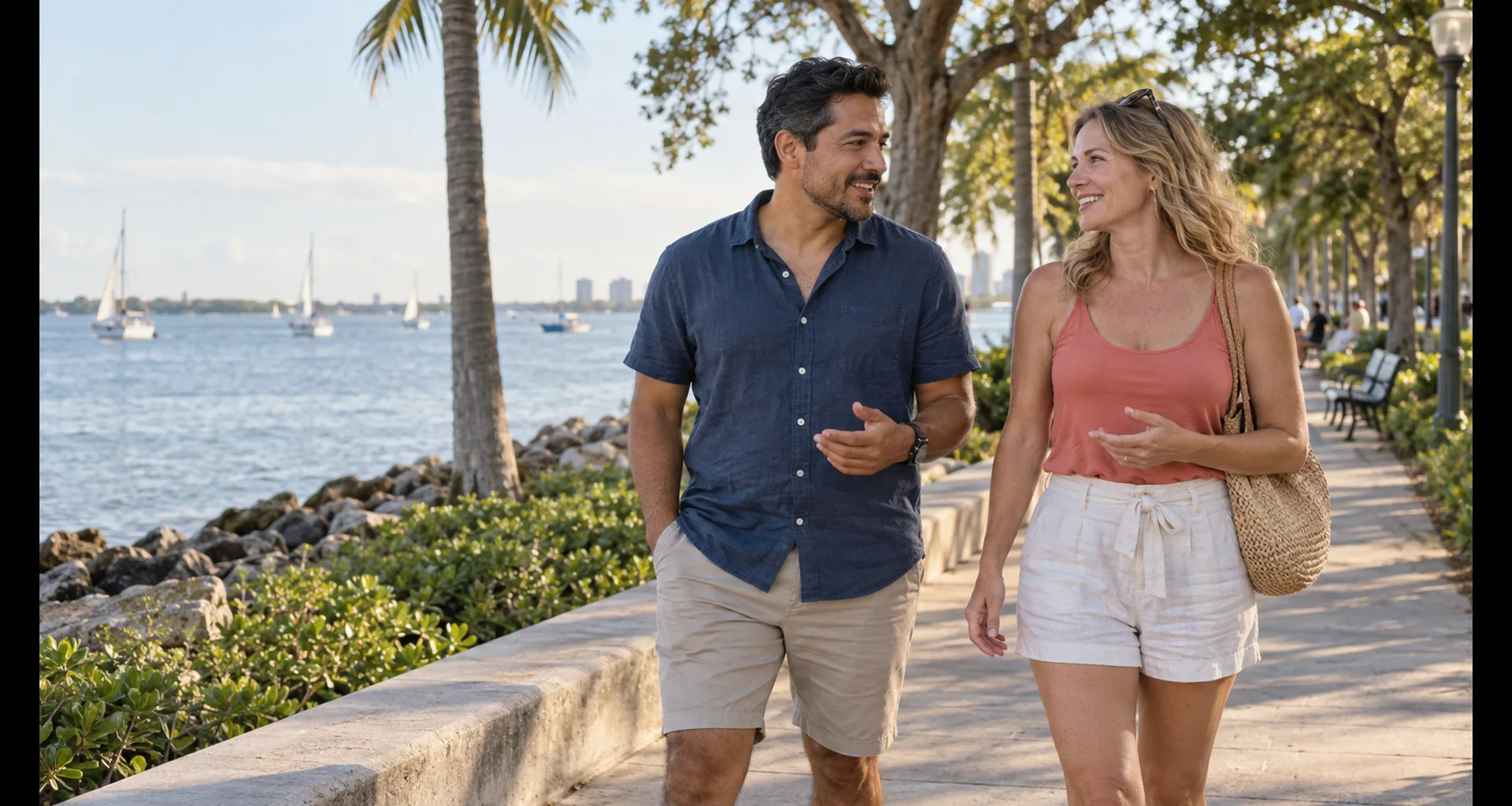 Florida couple talking during a relaxed waterfront date in St. Petersburg