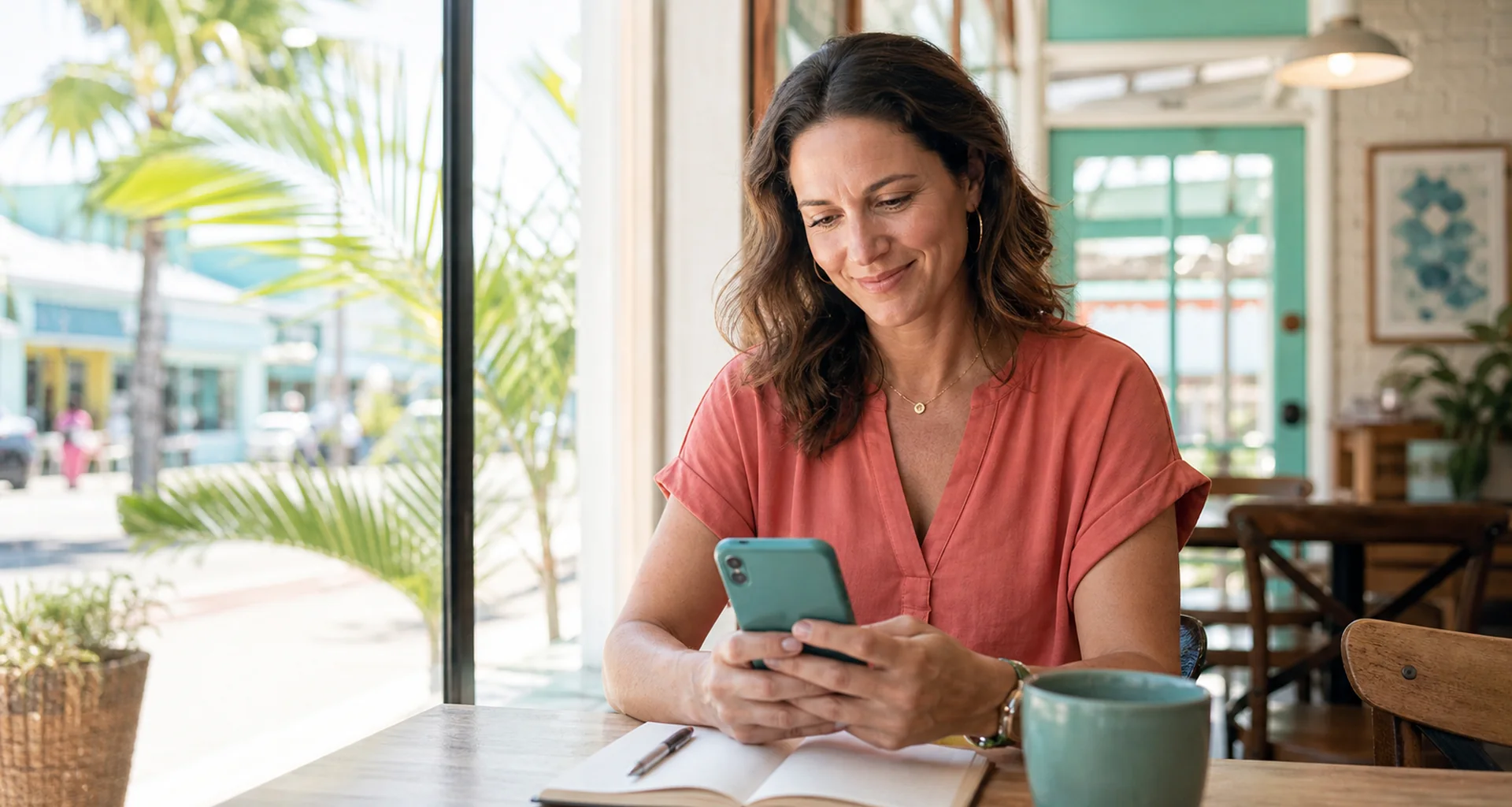 Adult woman drafting an HSV dating profile at a Florida cafe
