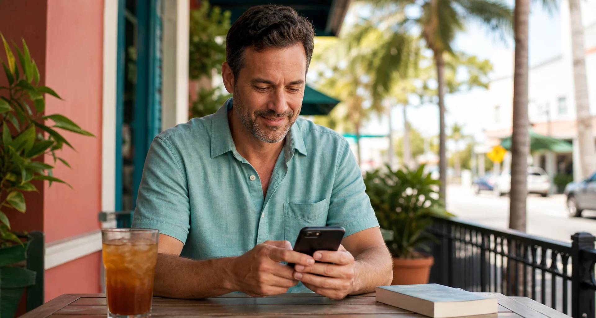 Adult man writing a thoughtful first message at a Florida cafe