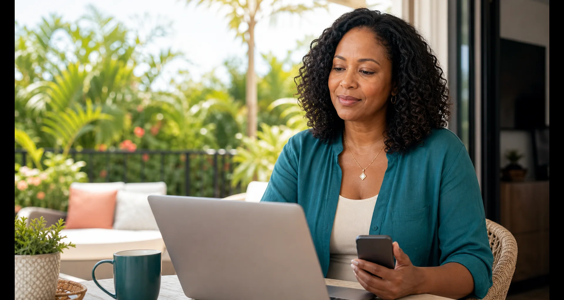 Adult woman reviewing privacy on an HSV dating profile at a Florida home