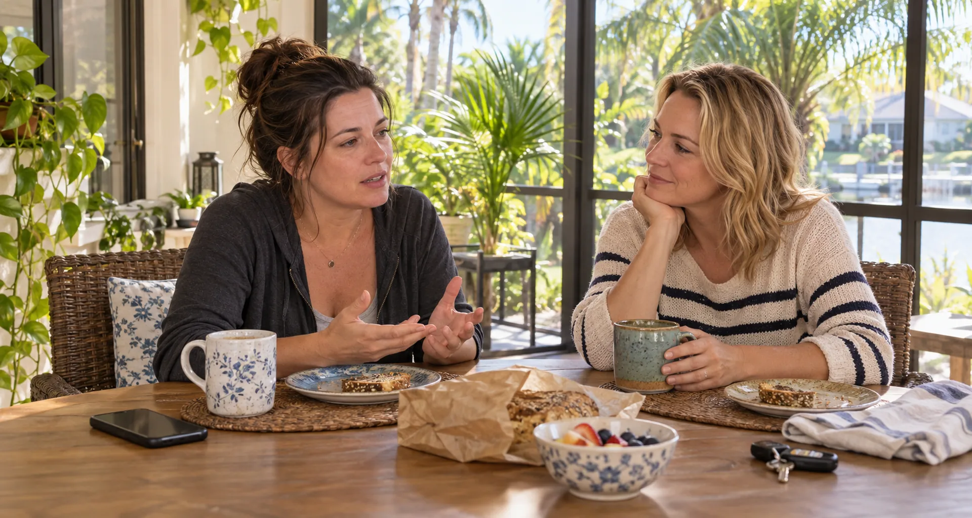Two Florida friends talking over breakfast after a difficult dating conversation