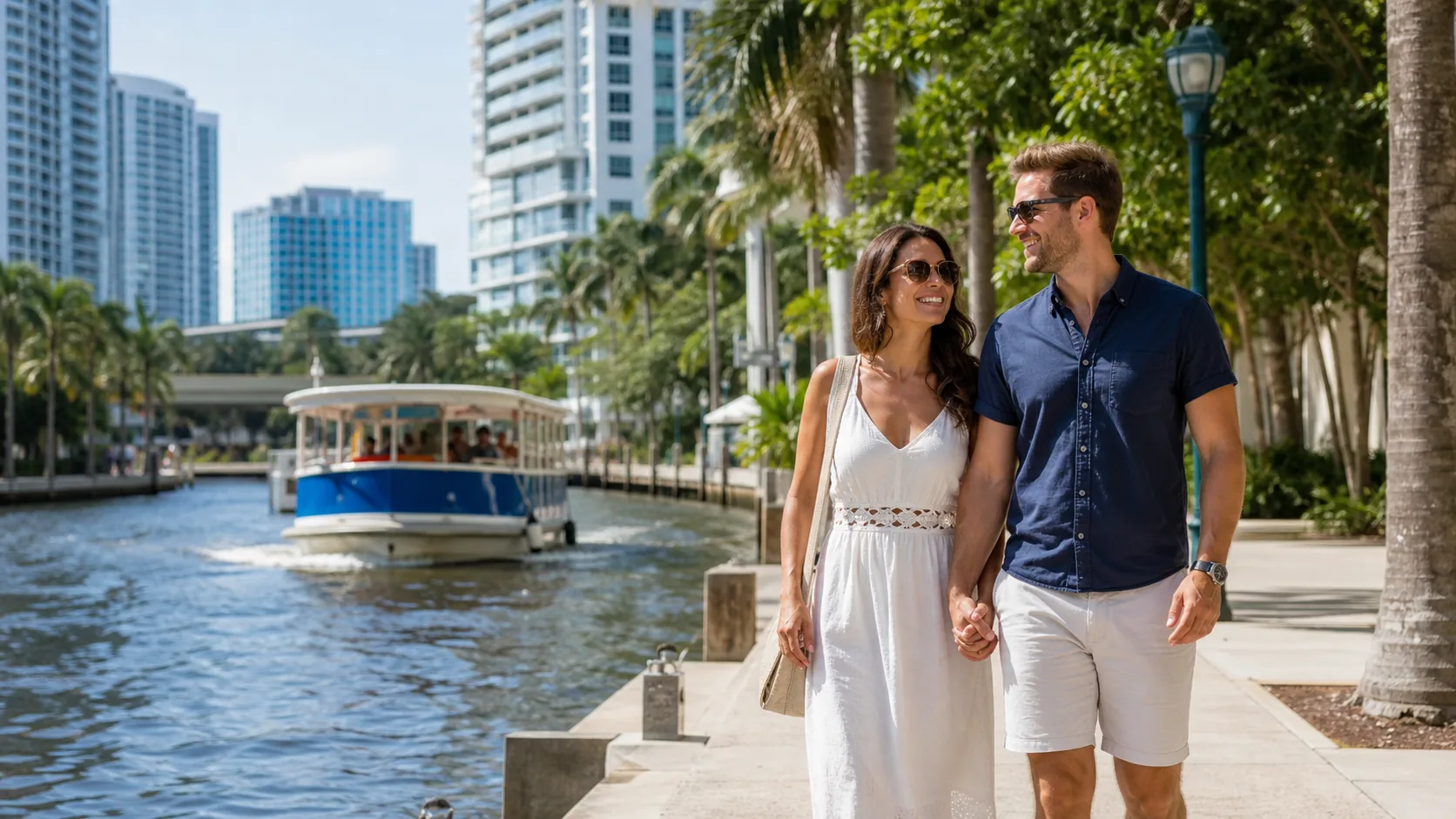 Adult couple enjoying a date near a recognizable Fort Lauderdale landmark