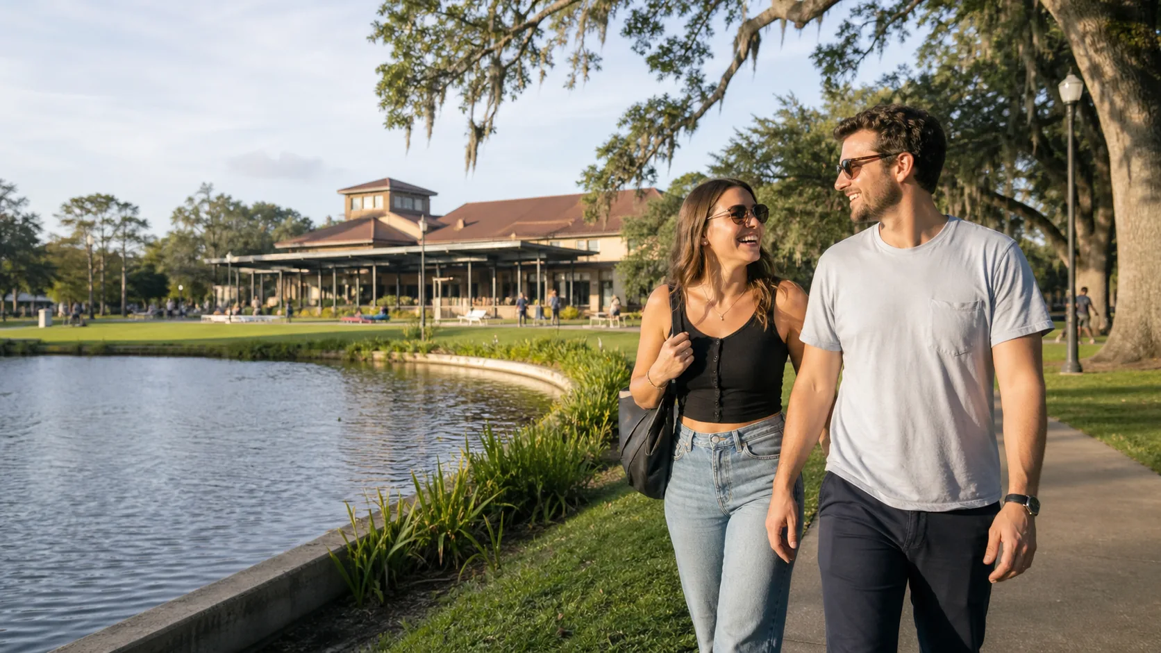 Adult couple enjoying a date near a recognizable Gainesville landmark