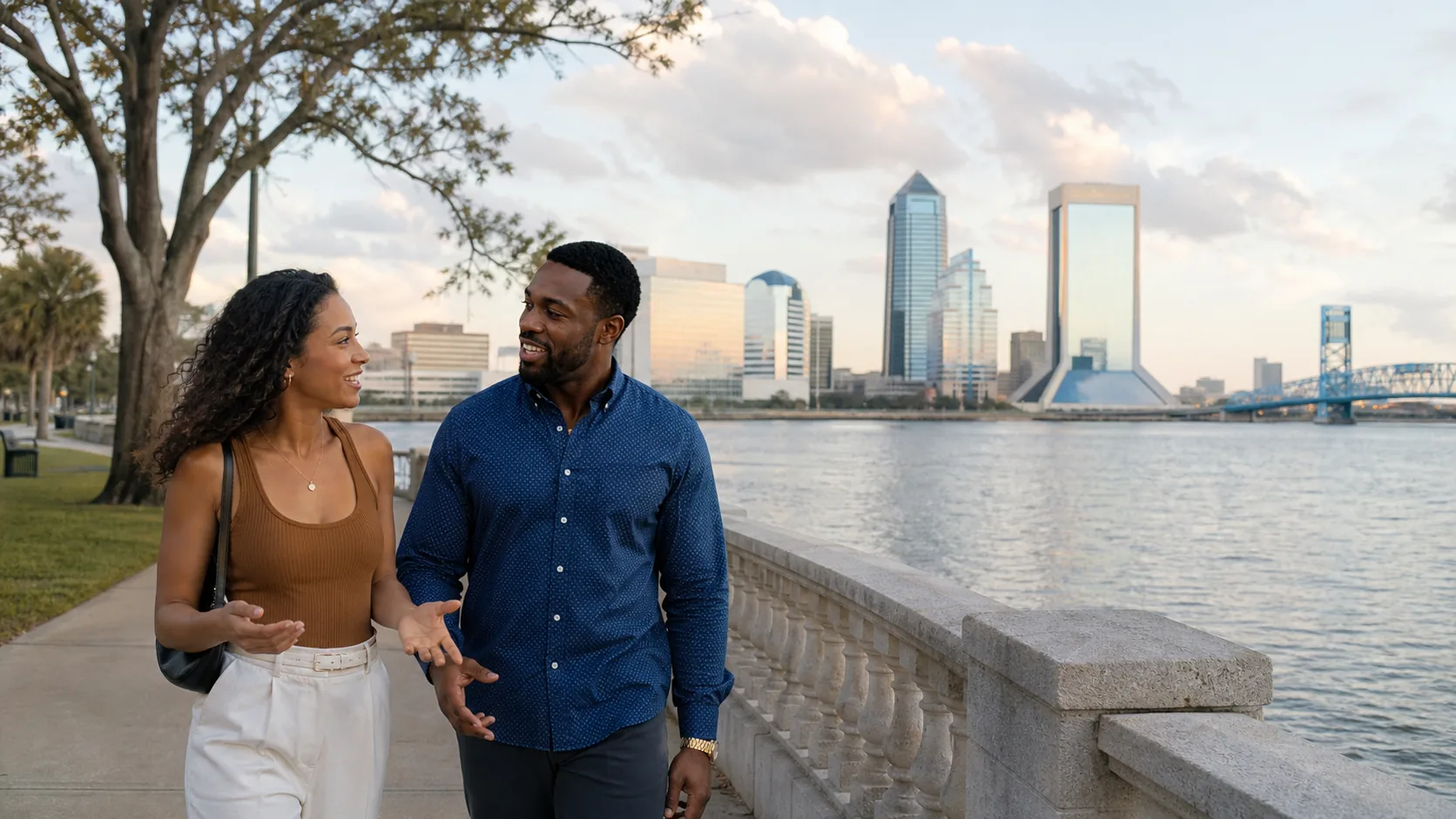 Adult couple enjoying a date near a recognizable Jacksonville landmark