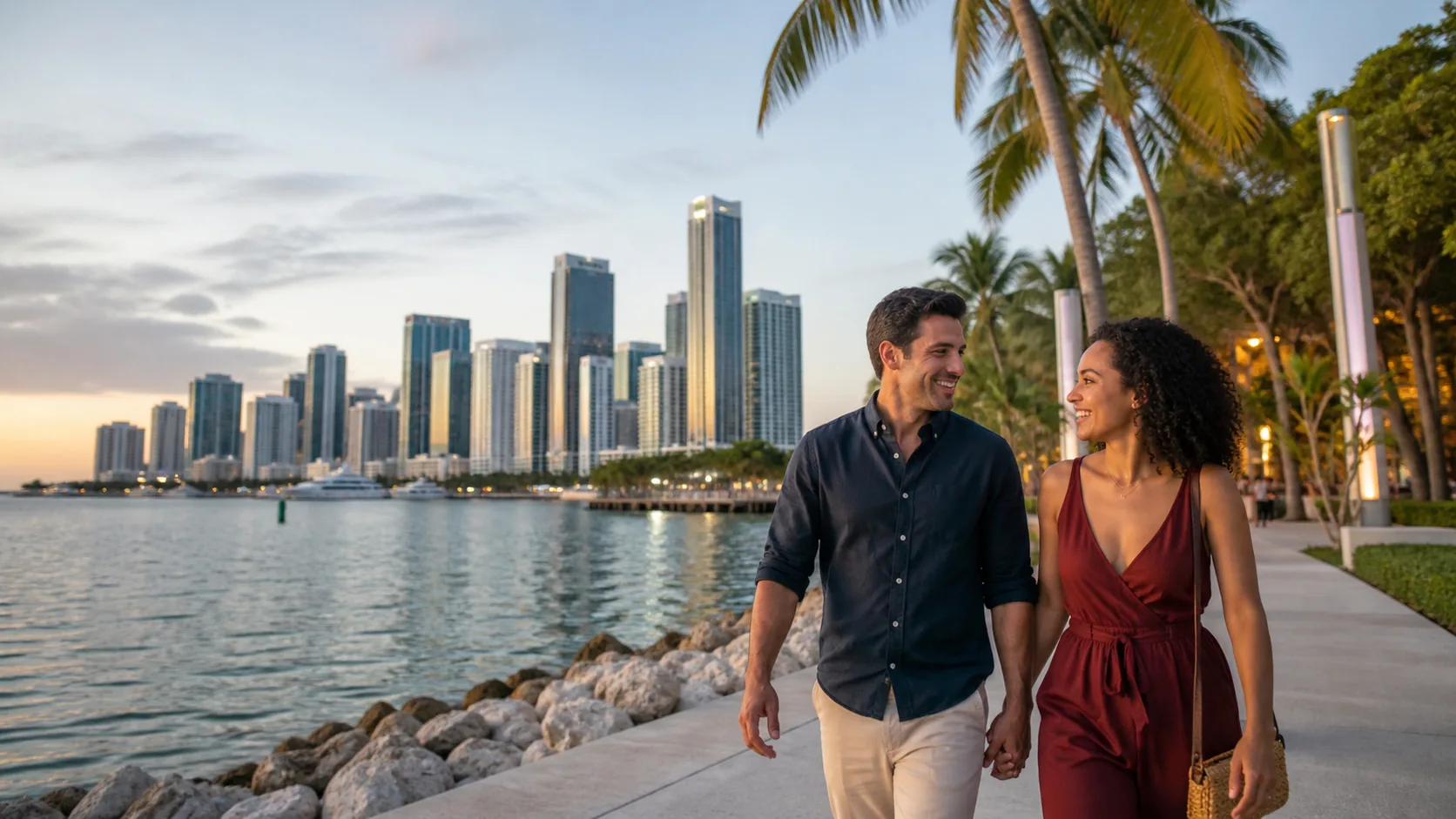 Adult couple enjoying a date near a recognizable Miami landmark