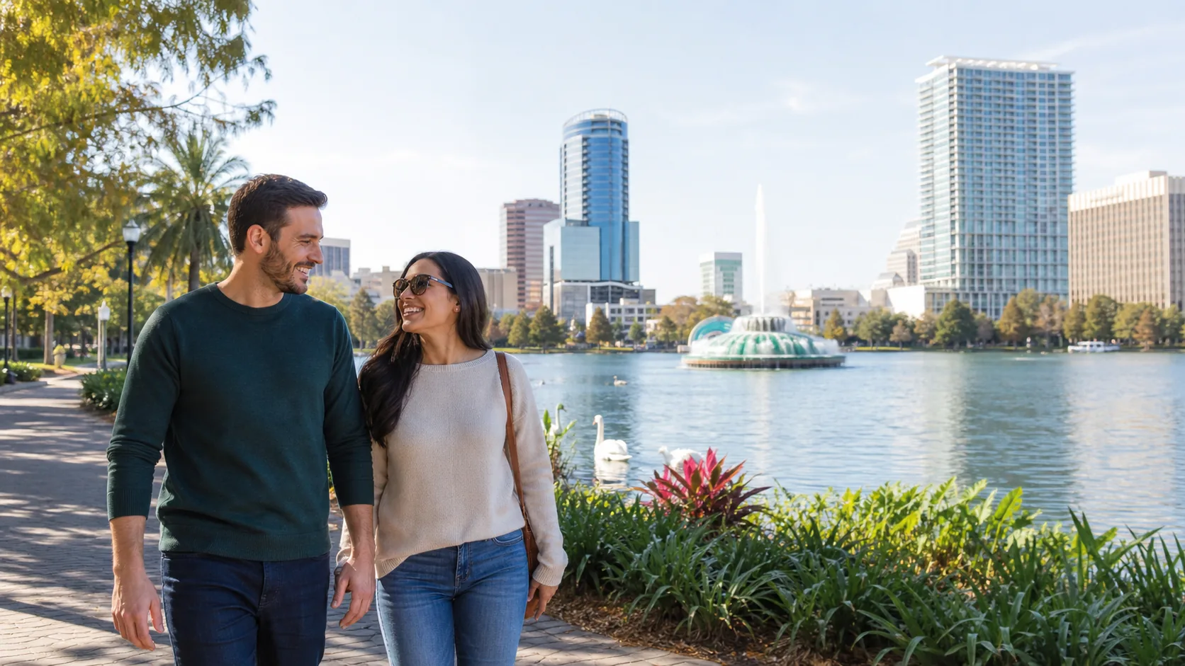 Adult couple enjoying a date near a recognizable Orlando landmark