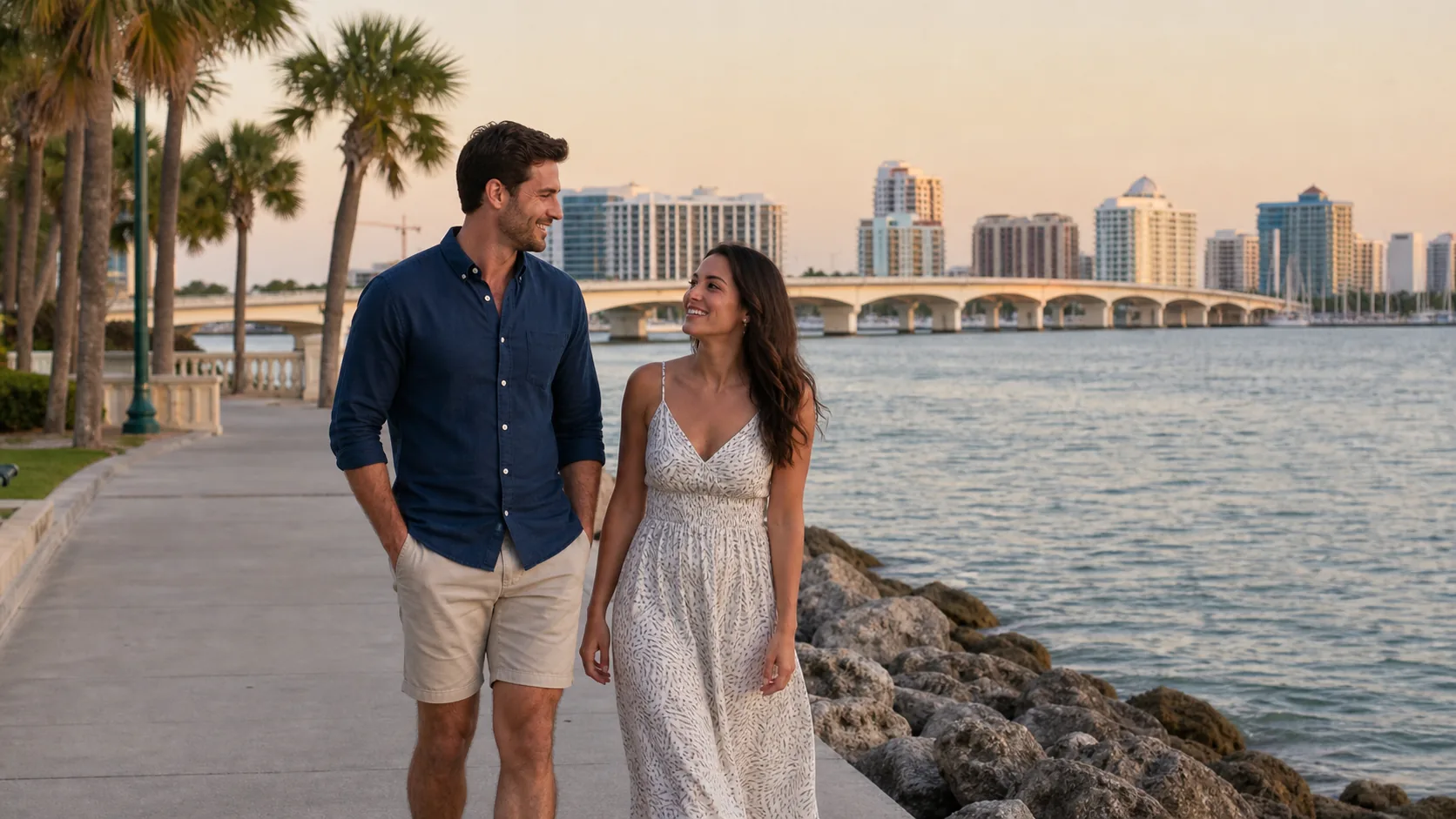 Adult couple enjoying a date near a recognizable Sarasota landmark