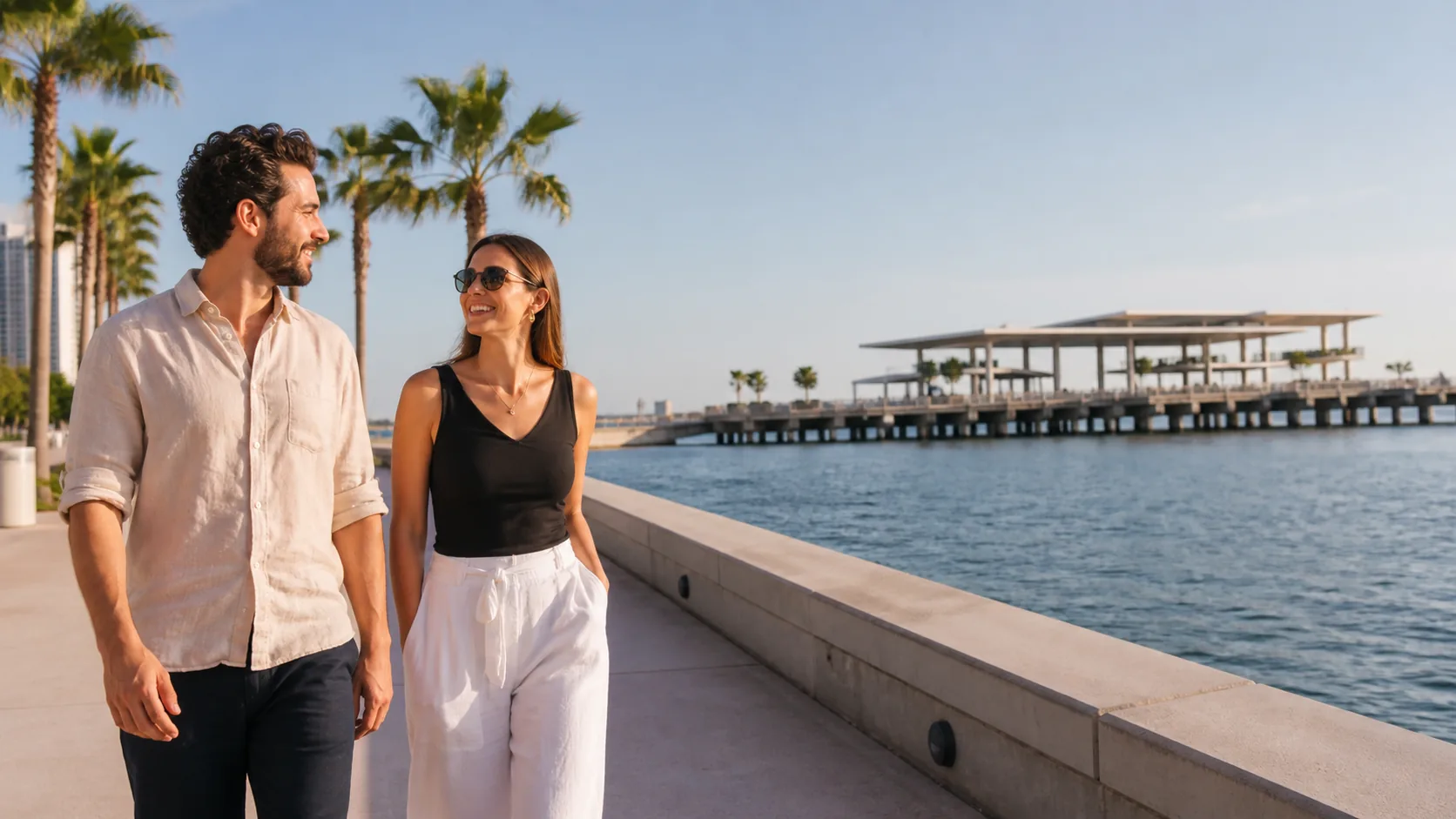 Adult couple enjoying a date near a recognizable St. Petersburg landmark