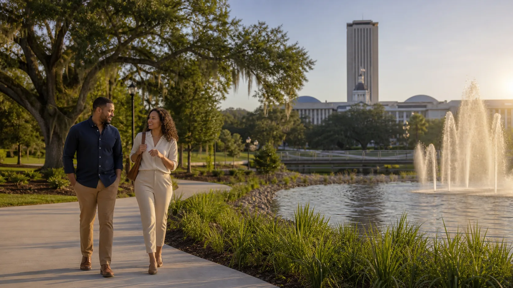 Adult couple enjoying a date near a recognizable Tallahassee landmark