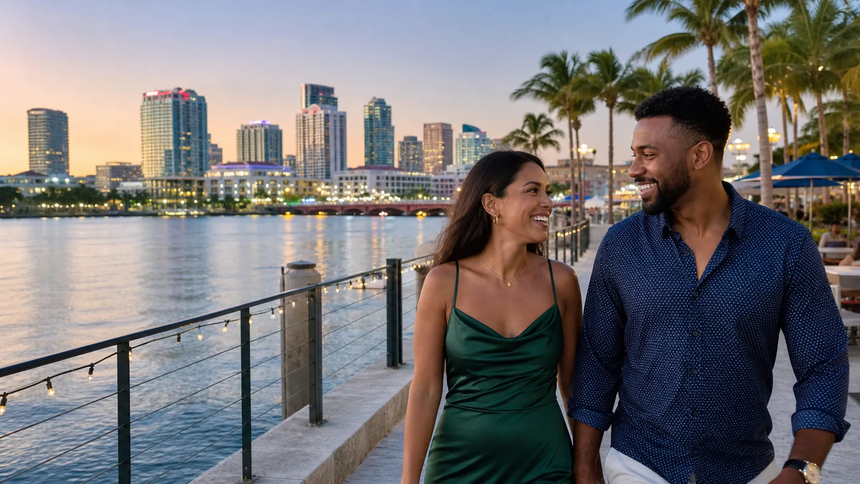Adult couple enjoying a date near a recognizable West Palm Beach landmark