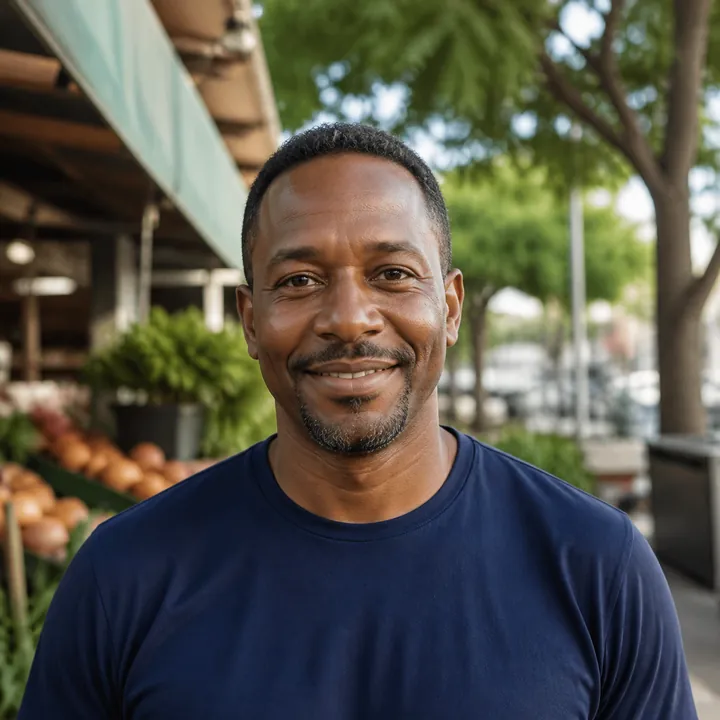 Illustrative profile portrait of Daniel at an Orlando neighborhood market