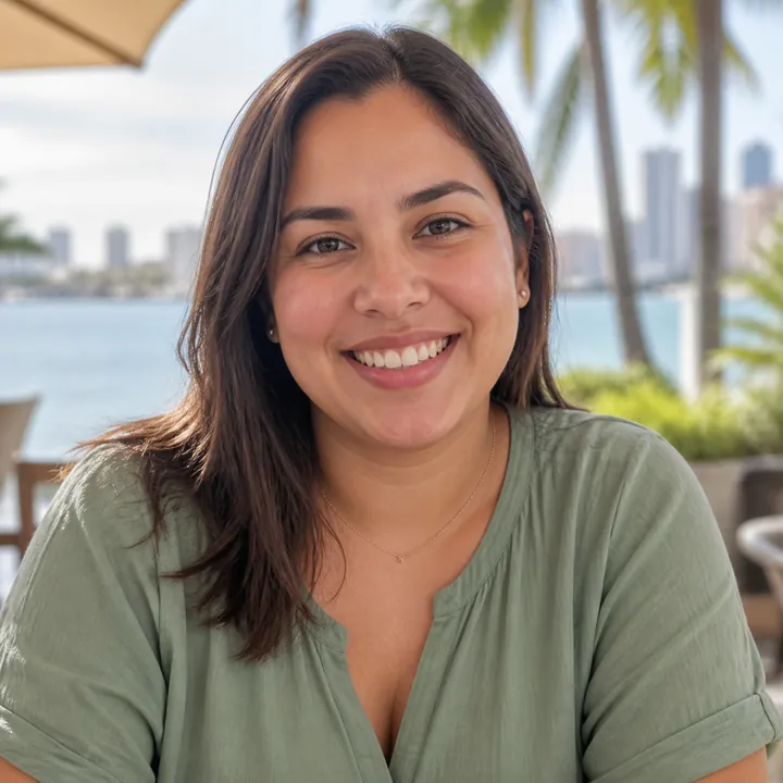 Illustrative profile portrait of Maya near the Miami waterfront